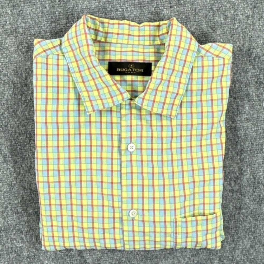 Bugatchi Uomo Shirt Mens XL Multicolor Plaid Short Sleeve Modal Button Up